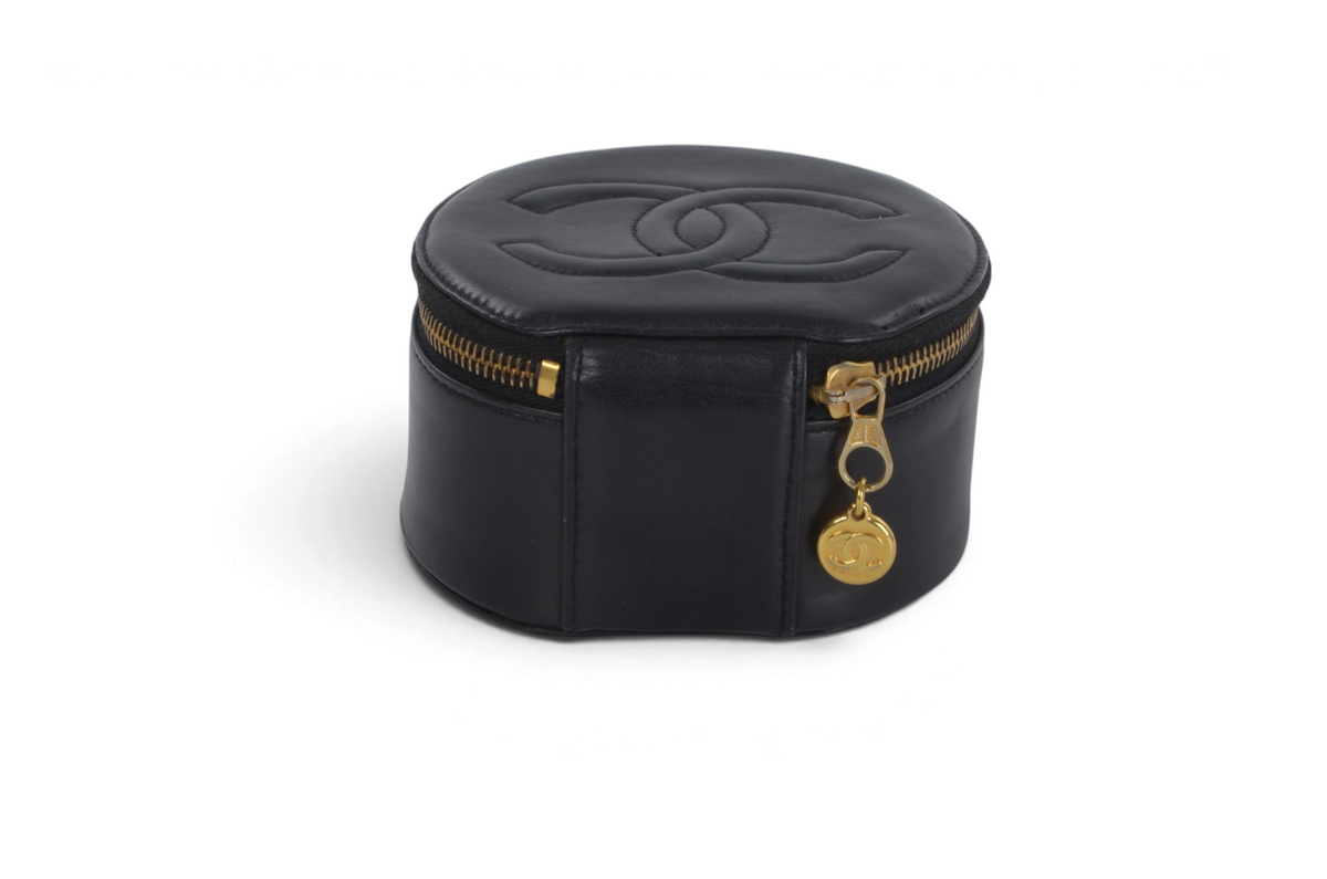 Chanel Jewelry Case Box Travel Vanity Bag CC Logo Vintage Lambskin Leather Black Make Up Pouch Designer Classic