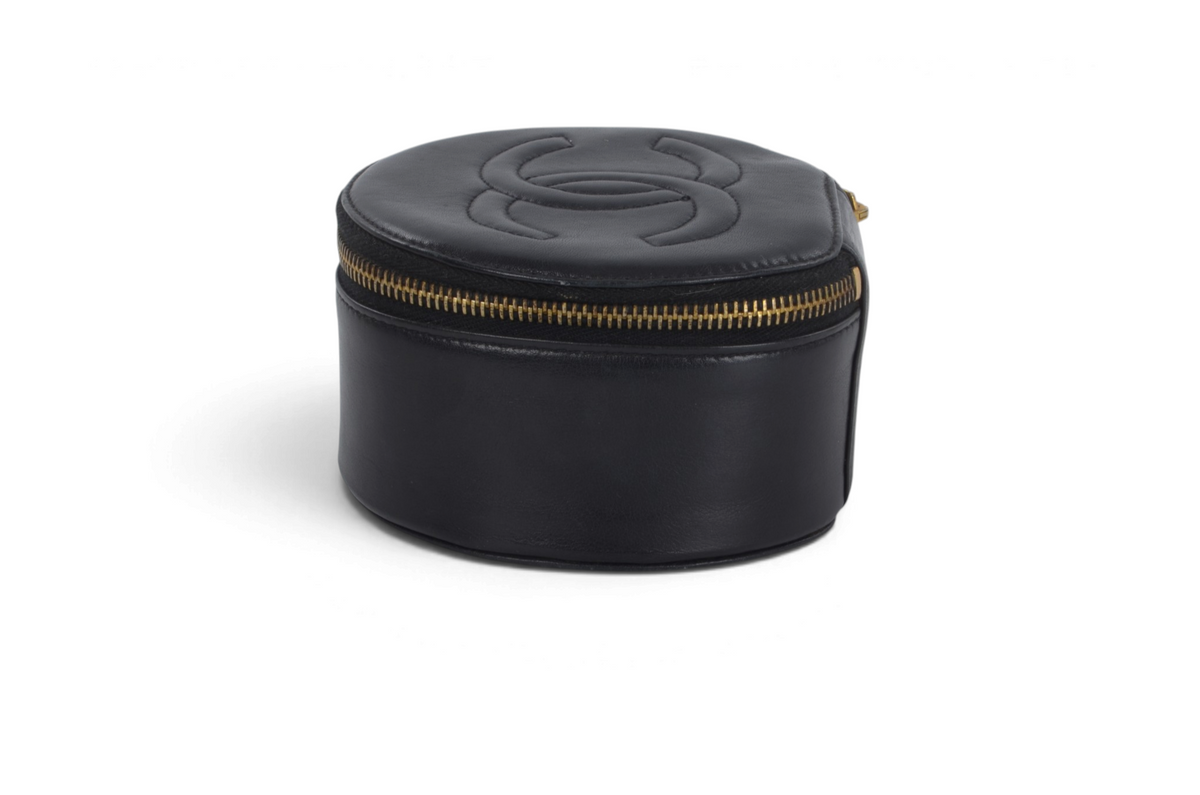 Chanel Jewelry Case Box Travel Vanity Bag CC Logo Vintage Lambskin Leather Black Make Up Pouch Designer Classic