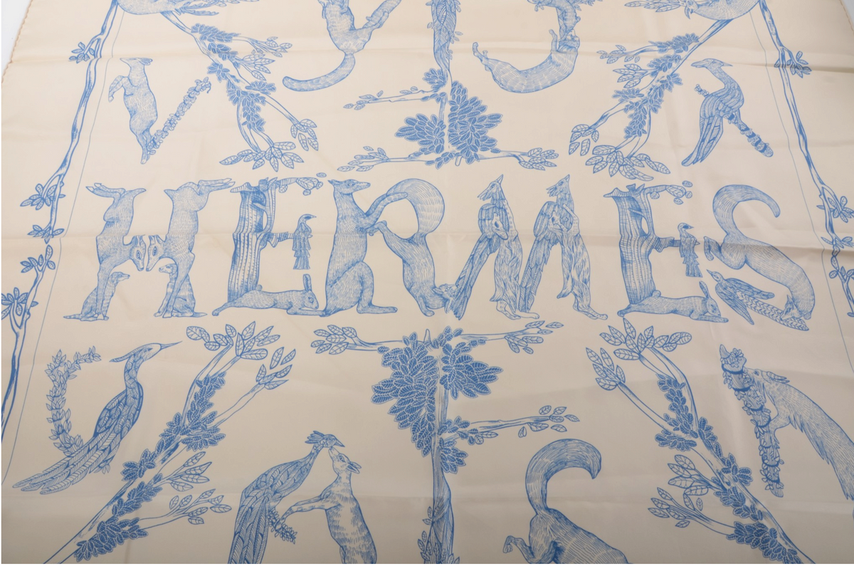 Hermès Carré 90 Scarf 100% Silk Alphabet III Blue Ivory Multicolor Designer Classic