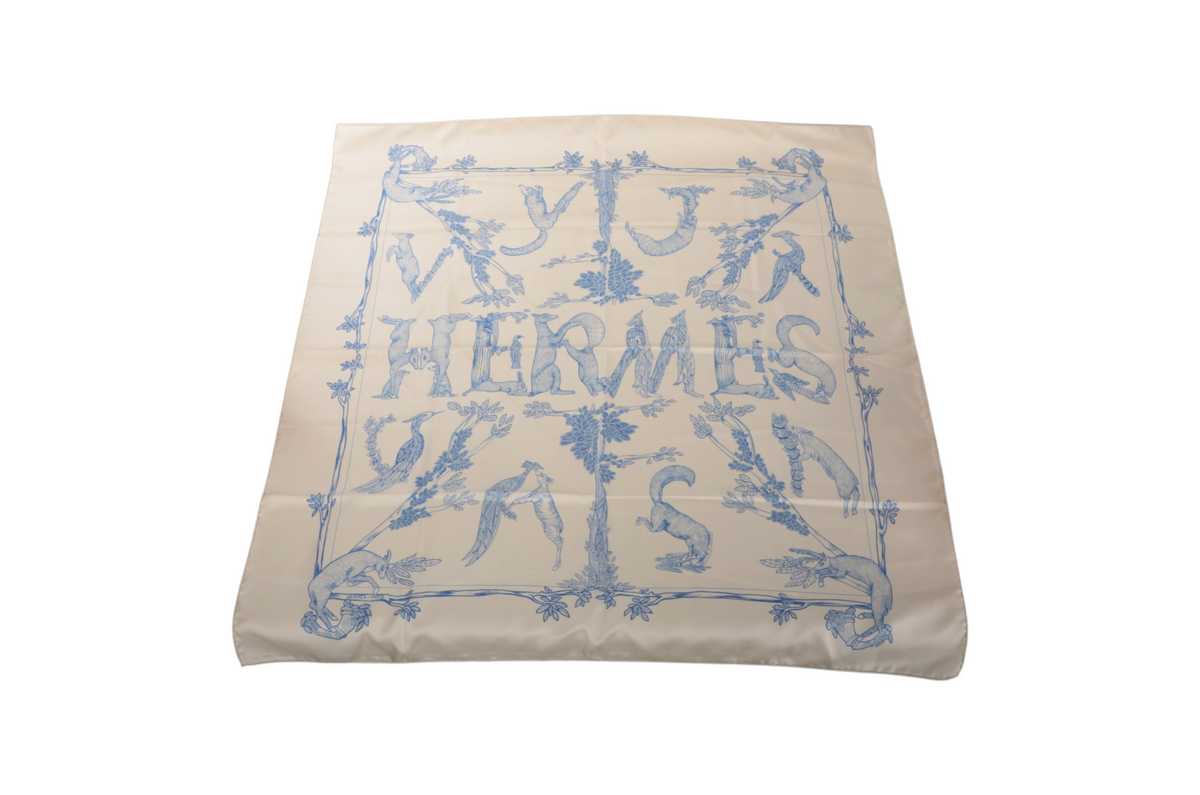 Hermès Carré 90 Scarf 100% Silk Alphabet III Blue Ivory Multicolor Designer Classic