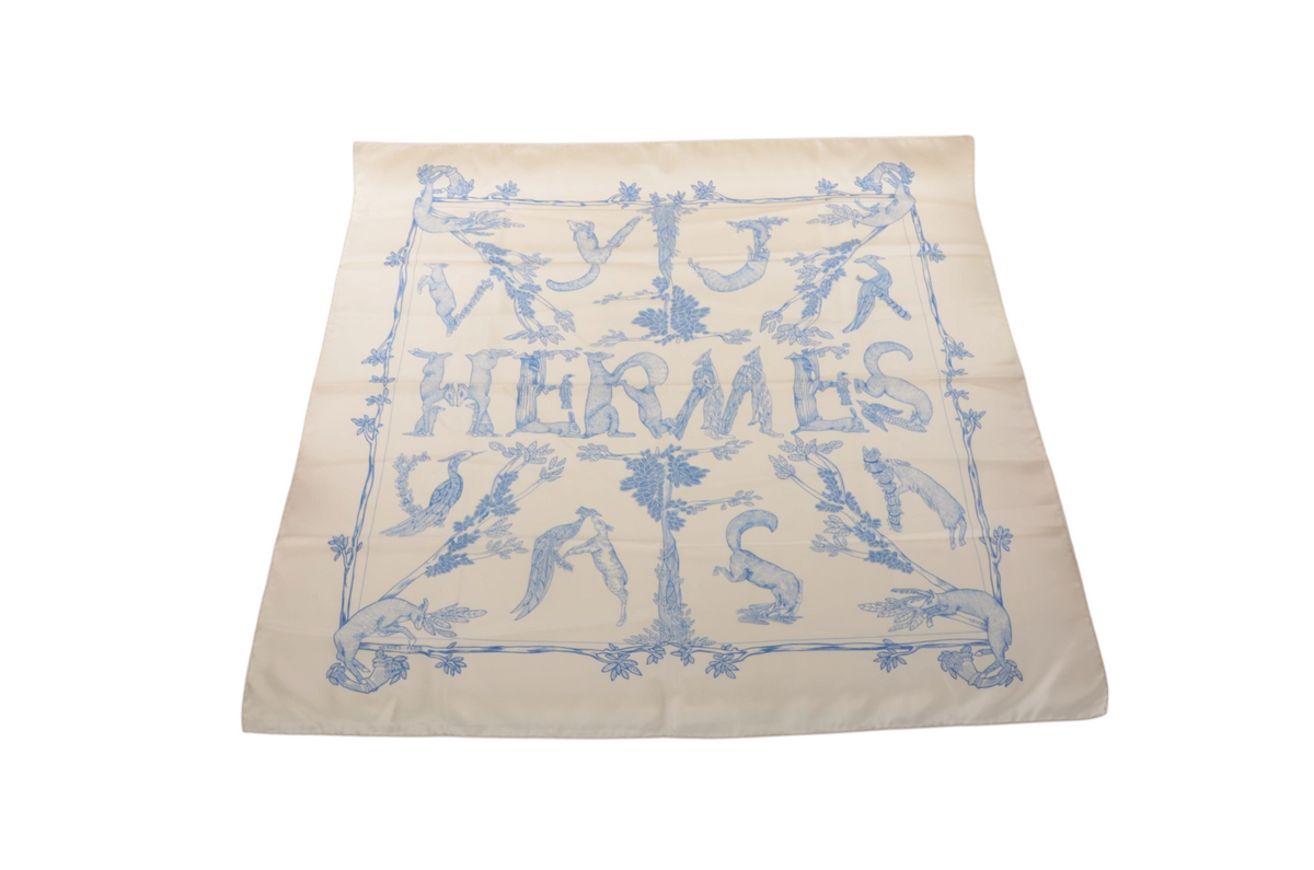 Hermès Carré 90 Scarf 100% Silk Alphabet III Blue Ivory Multicolor Designer Classic