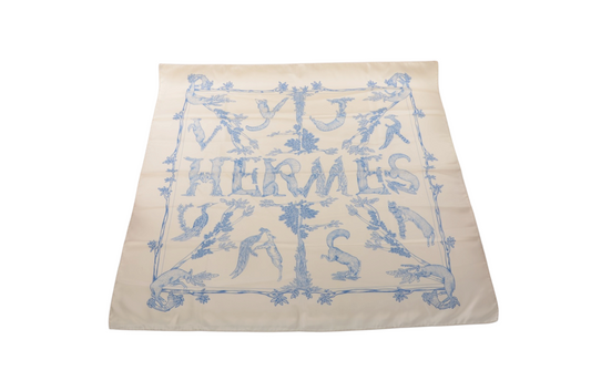 Hermès Carré 90 Scarf 100% Silk Alphabet III Blue Ivory Multicolor Designer Classic