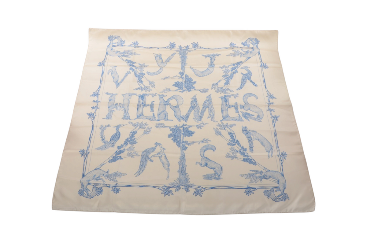 Hermès Carré 90 Scarf 100% Silk Alphabet III Blue Ivory Multicolor Designer Classic