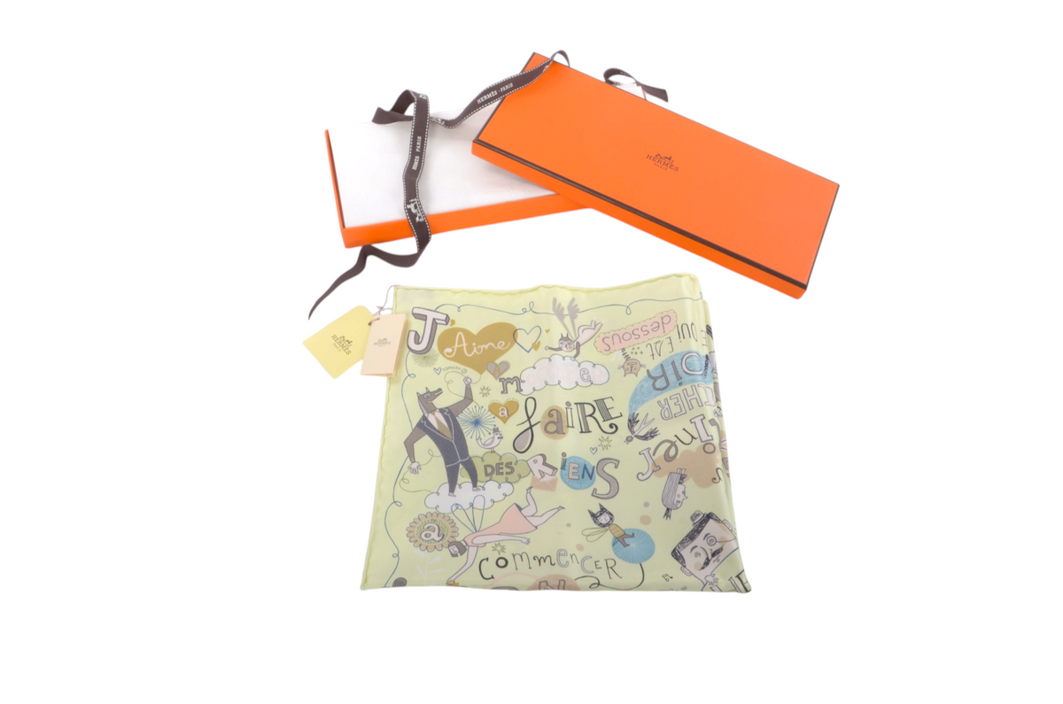 Hermès Scarf Carré 45 Les Confessions 100% Silk Multicolor Jaune Pale Beige/Yellow Designer Classic
