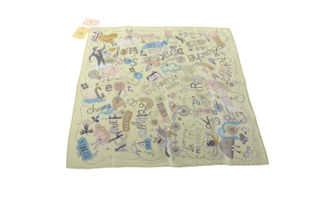 Hermès Scarf Carré 45 Les Confessions 100% Silk Multicolor Jaune Pale Beige/Yellow Designer Classic