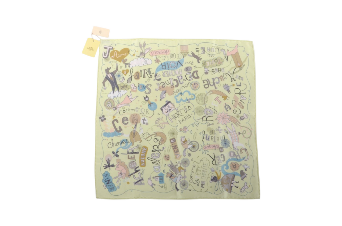 Hermès Scarf Carré 45 Les Confessions 100% Silk Multicolor Jaune Pale Beige/Yellow Designer Classic