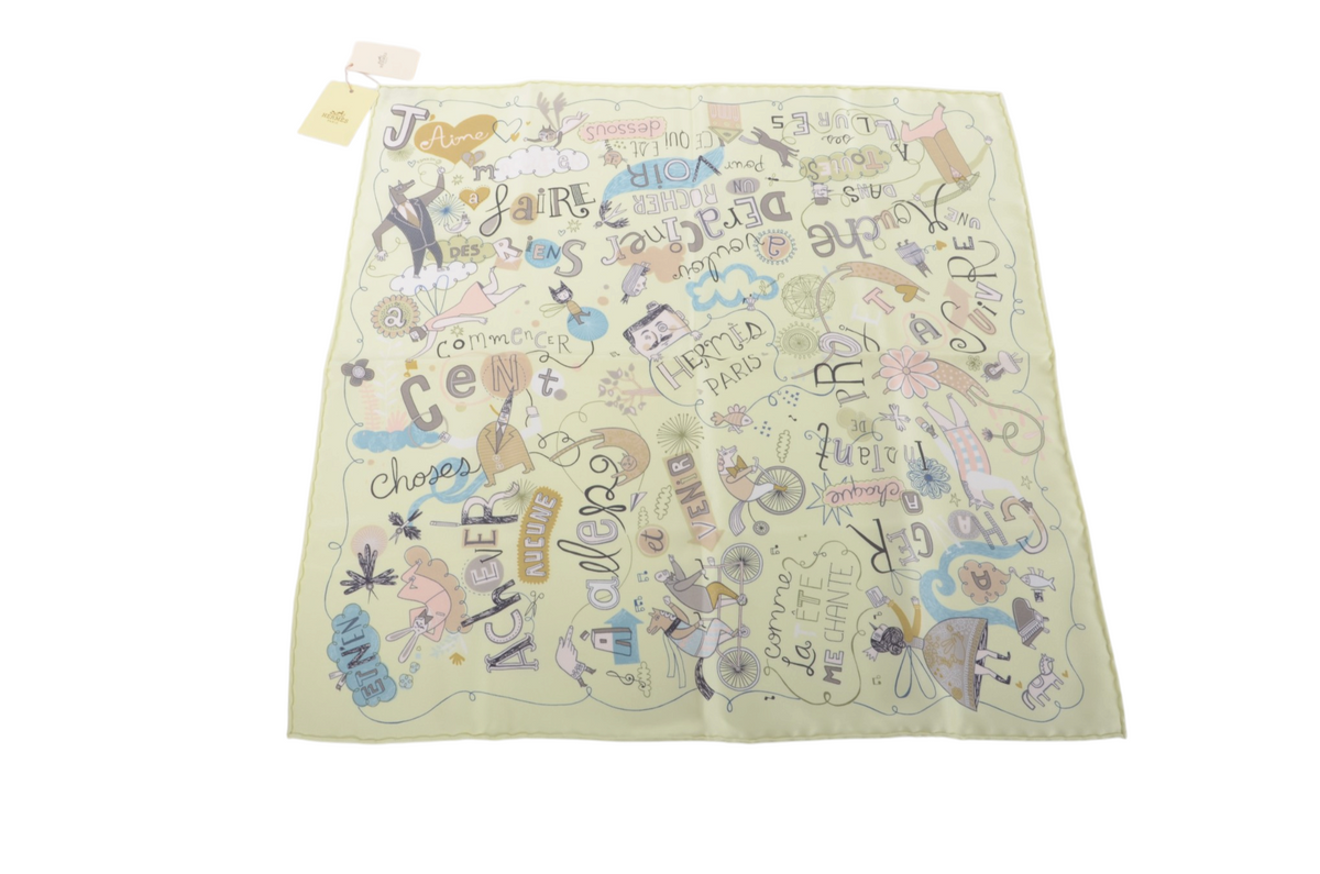 Hermès Scarf Carré 45 Les Confessions 100% Silk Multicolor Jaune Pale Beige/Yellow Designer Classic