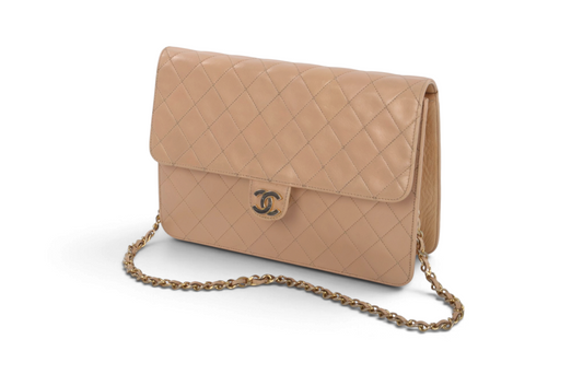Chanel Classic Single Flap Bag Beige Lambskin Matelasse CC Lock Chain Shoulder Bag Vintage Designer