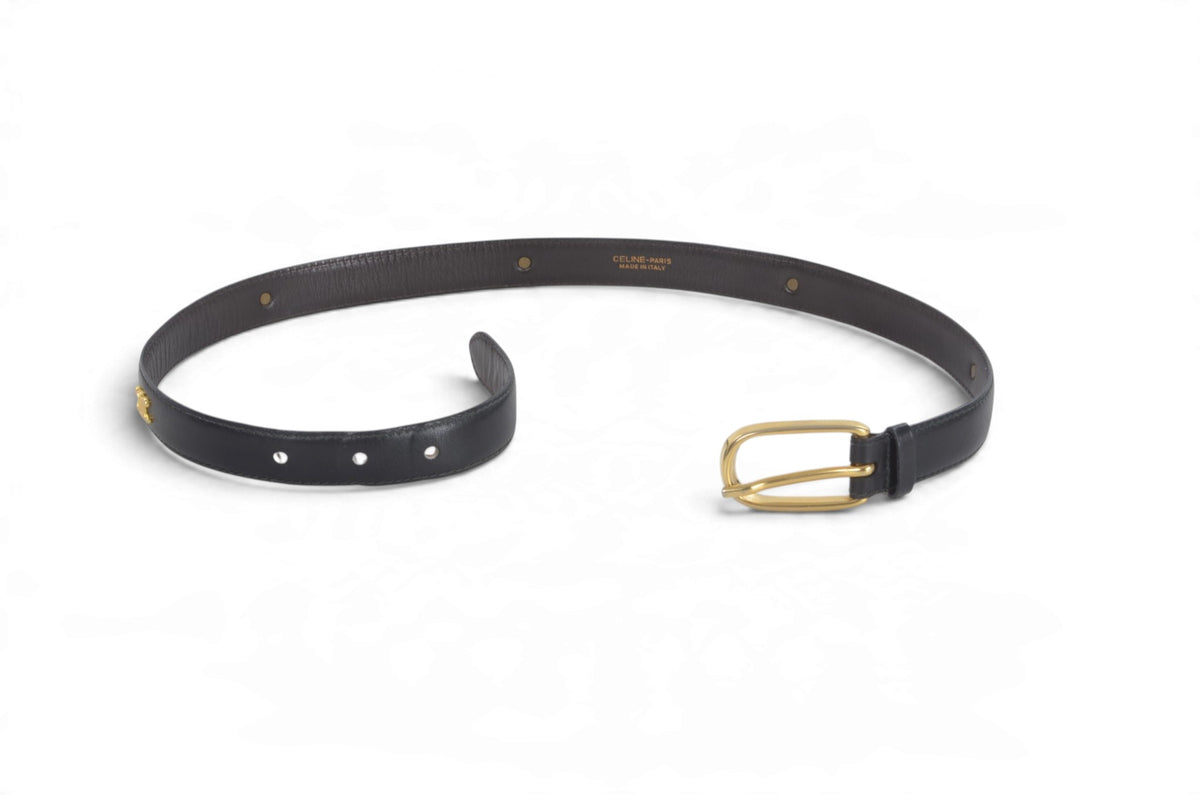 Celine Vintage Triomphe Belt Gold Buckle Black size 65 Leather Designer Classic Authentic