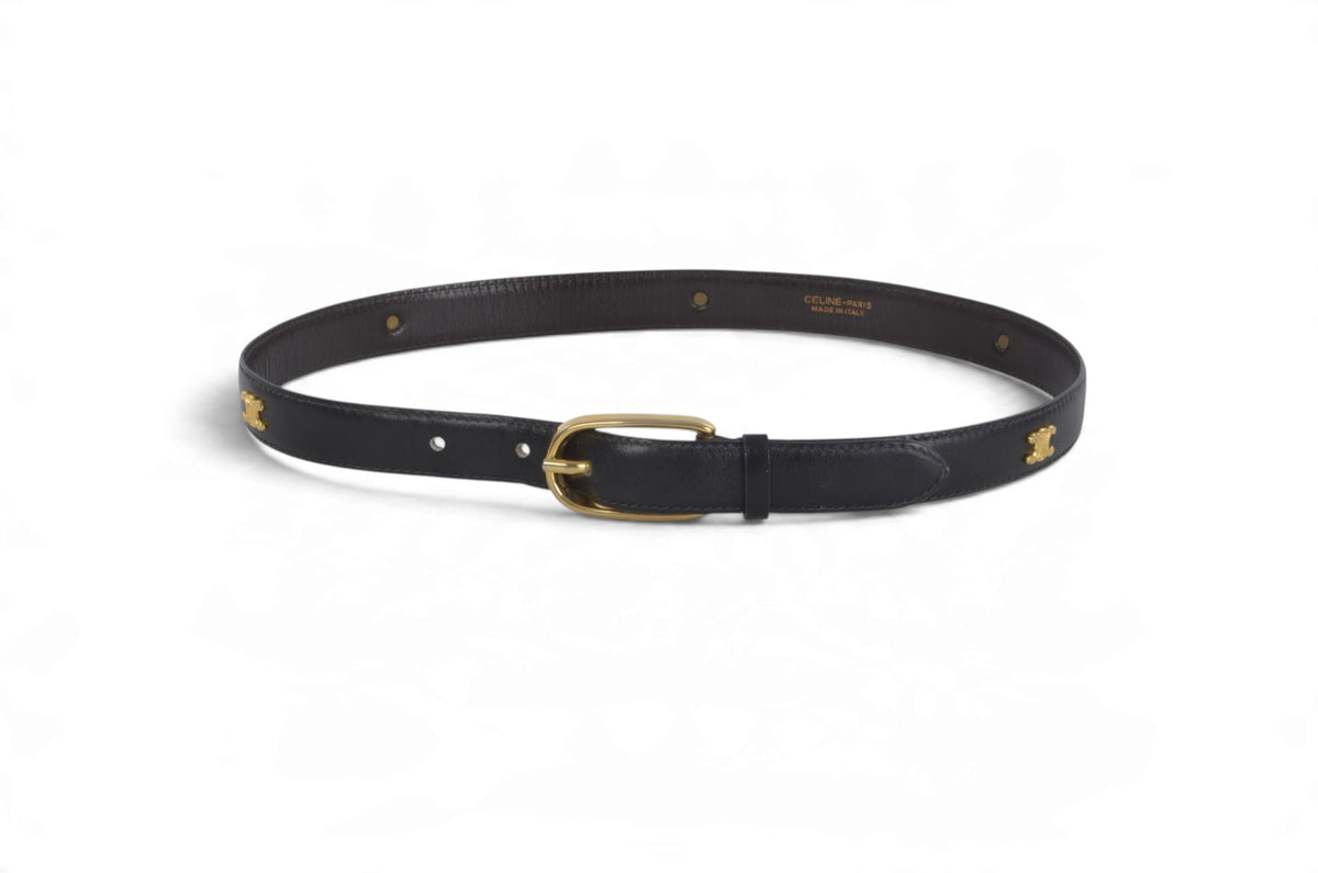 Celine Vintage Triomphe Belt Gold Buckle Black size 65 Leather Designer Classic Authentic
