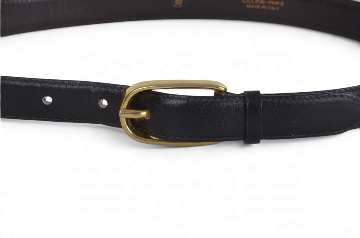 Celine Vintage Triomphe Belt Gold Buckle Black size 65 Leather Designer Classic Authentic