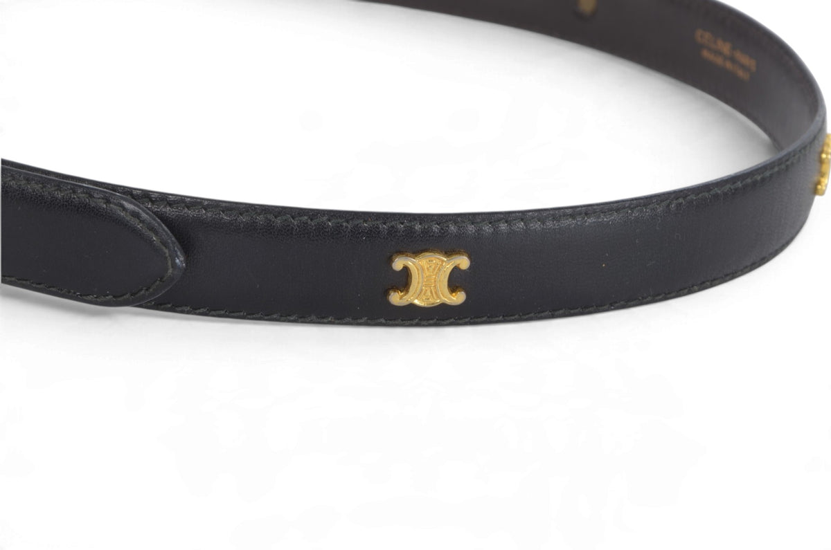 Celine Vintage Triomphe Belt Gold Buckle Black size 65 Leather Designer Classic Authentic