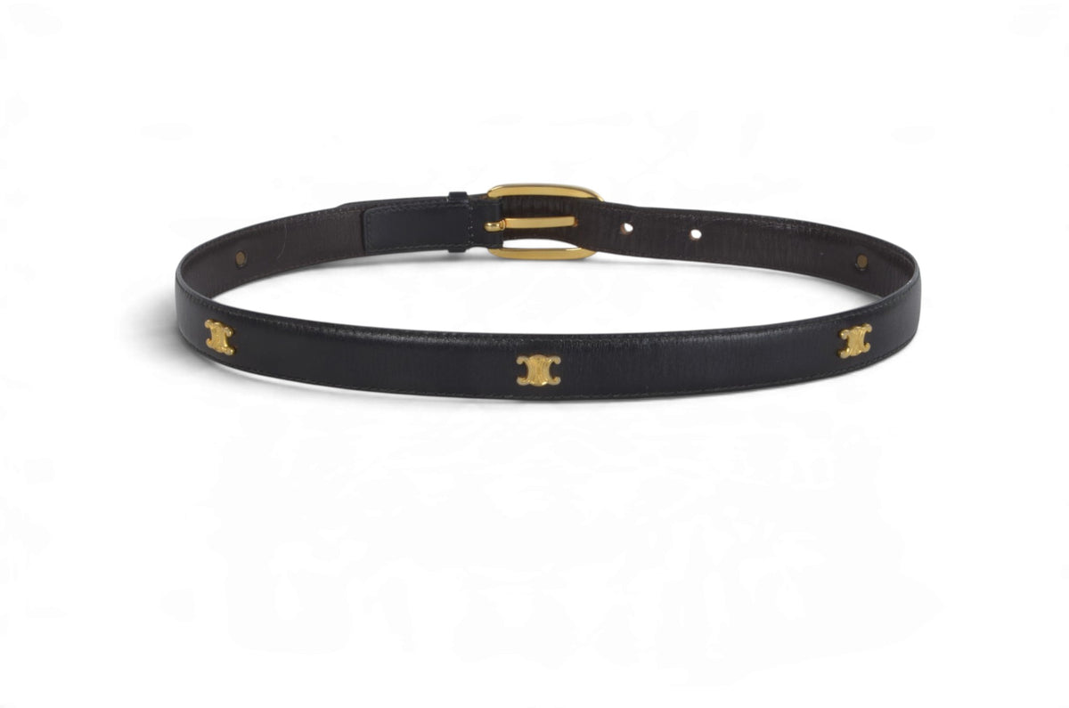 Celine Vintage Triomphe Belt Gold Buckle Black size 65 Leather Designer Classic Authentic