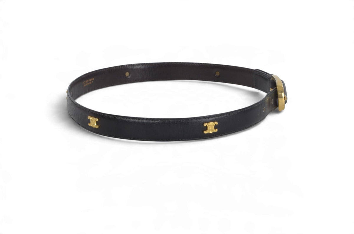Celine Vintage Triomphe Belt Gold Buckle Black size 65 Leather Designer Classic Authentic