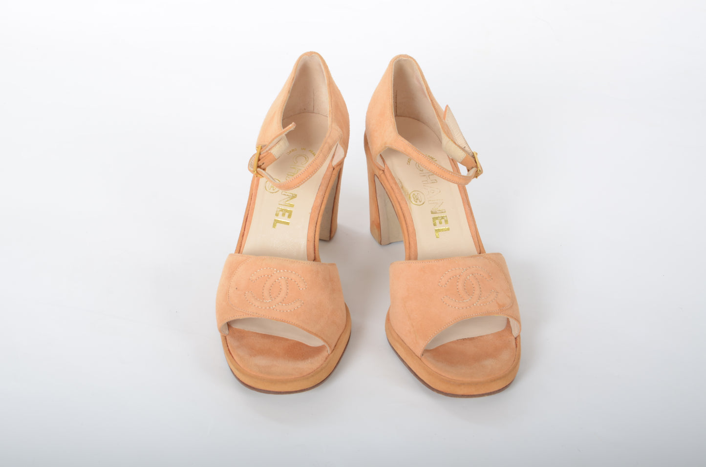 Chanel Rare Heels Sandals Suede Peach Pink Vintage CC Logo Coco Mark CC Logo Pumps Mules Size  37 1/2