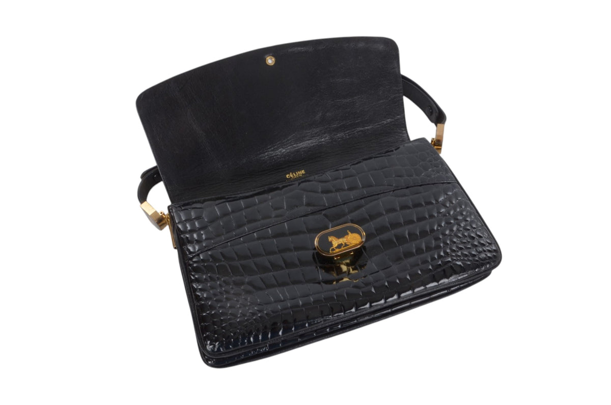 Celine Vintage Shoulder Bag Handbag Crocodile Embossed Leather Designer Classic