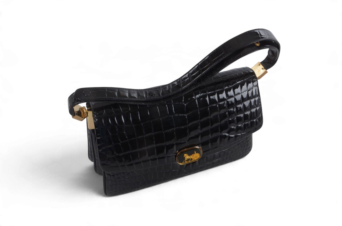 Celine Vintage Shoulder Bag Handbag Crocodile Embossed Leather Designer Classic