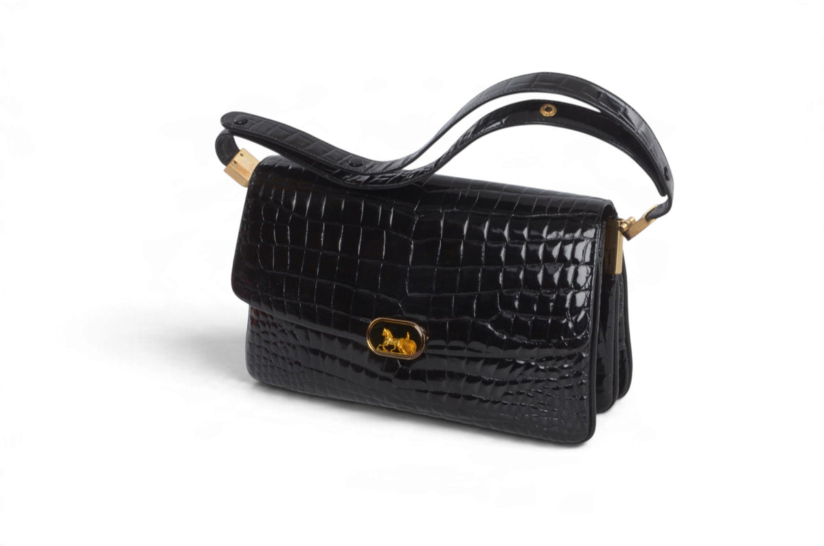 Celine Vintage Shoulder Bag Handbag Crocodile Embossed Leather Designer Classic