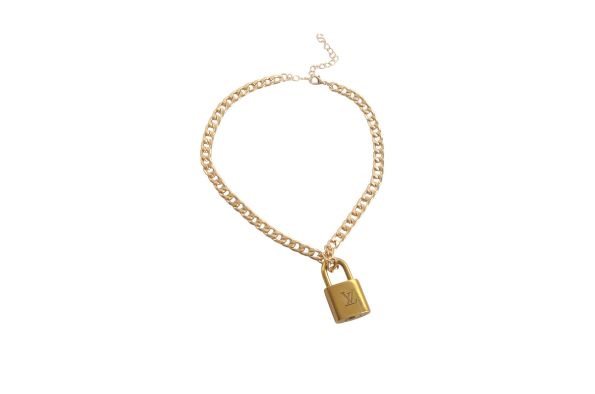 Louis Vuitton Padlock Necklace LV Lock Pendant Vintage Brass Charm Designer Classic