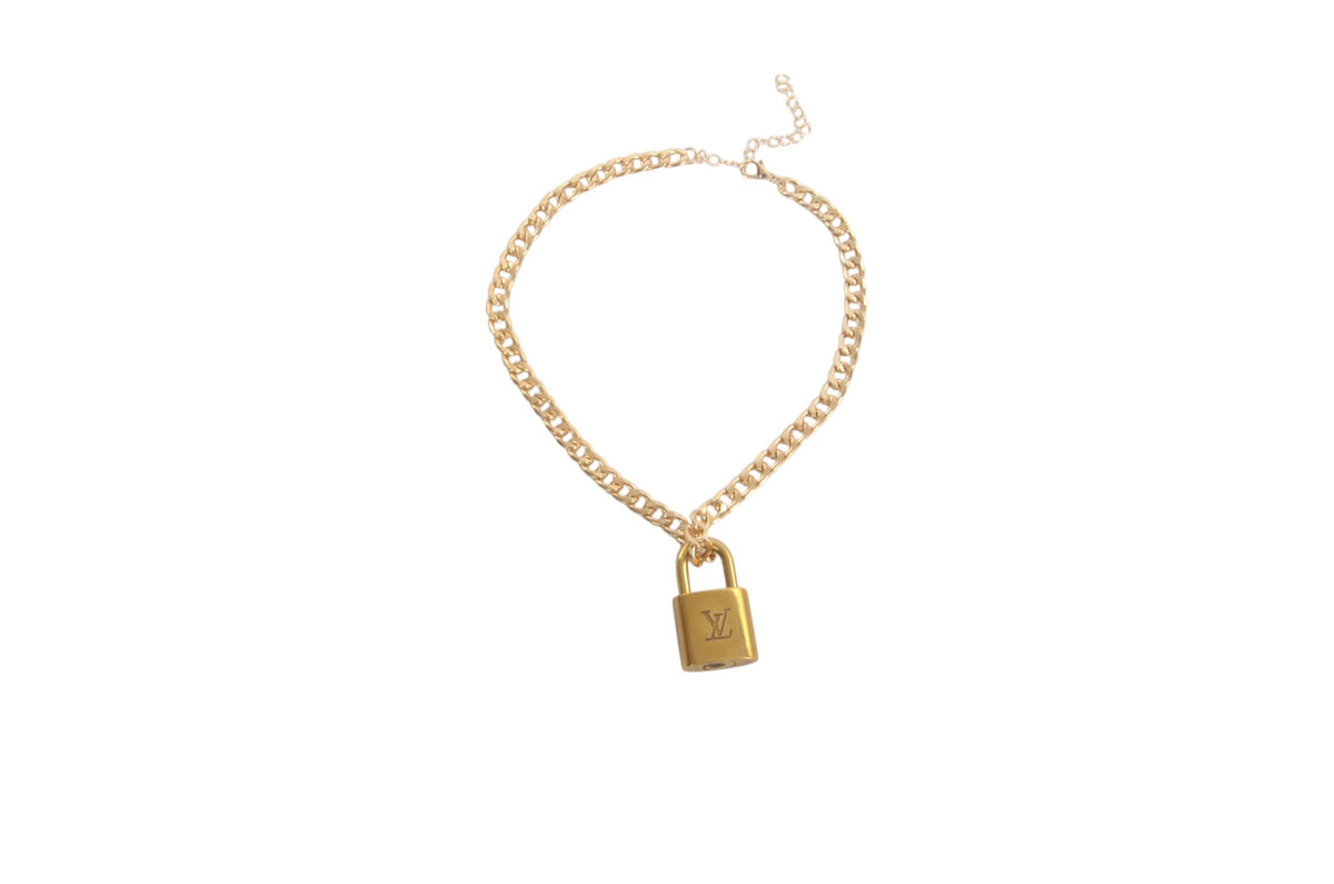 Louis Vuitton Padlock Necklace LV Lock Pendant Vintage Brass Charm Designer Classic