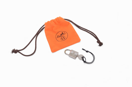 Hermès Silver Padlock Lock with Key Silver tone Brass Vintage Cadena Pendant Authentic Designer Classic Charm