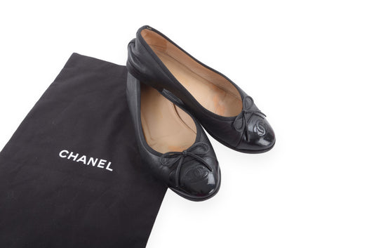 Chanel Ballet Flats Shoes Ballerina Ballet Flat Pumps Ribbon Leather Black Vintage Size 36 C