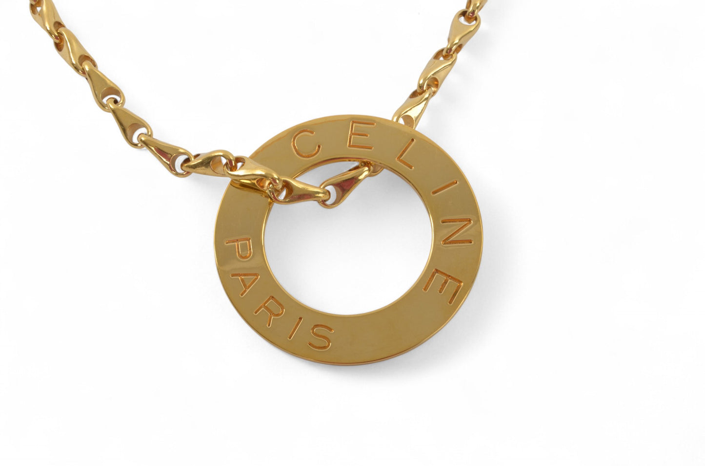 Celine Vintage Circle Logo Big Pendant Necklace Gold Plated Statement Designer Classic Jewelry