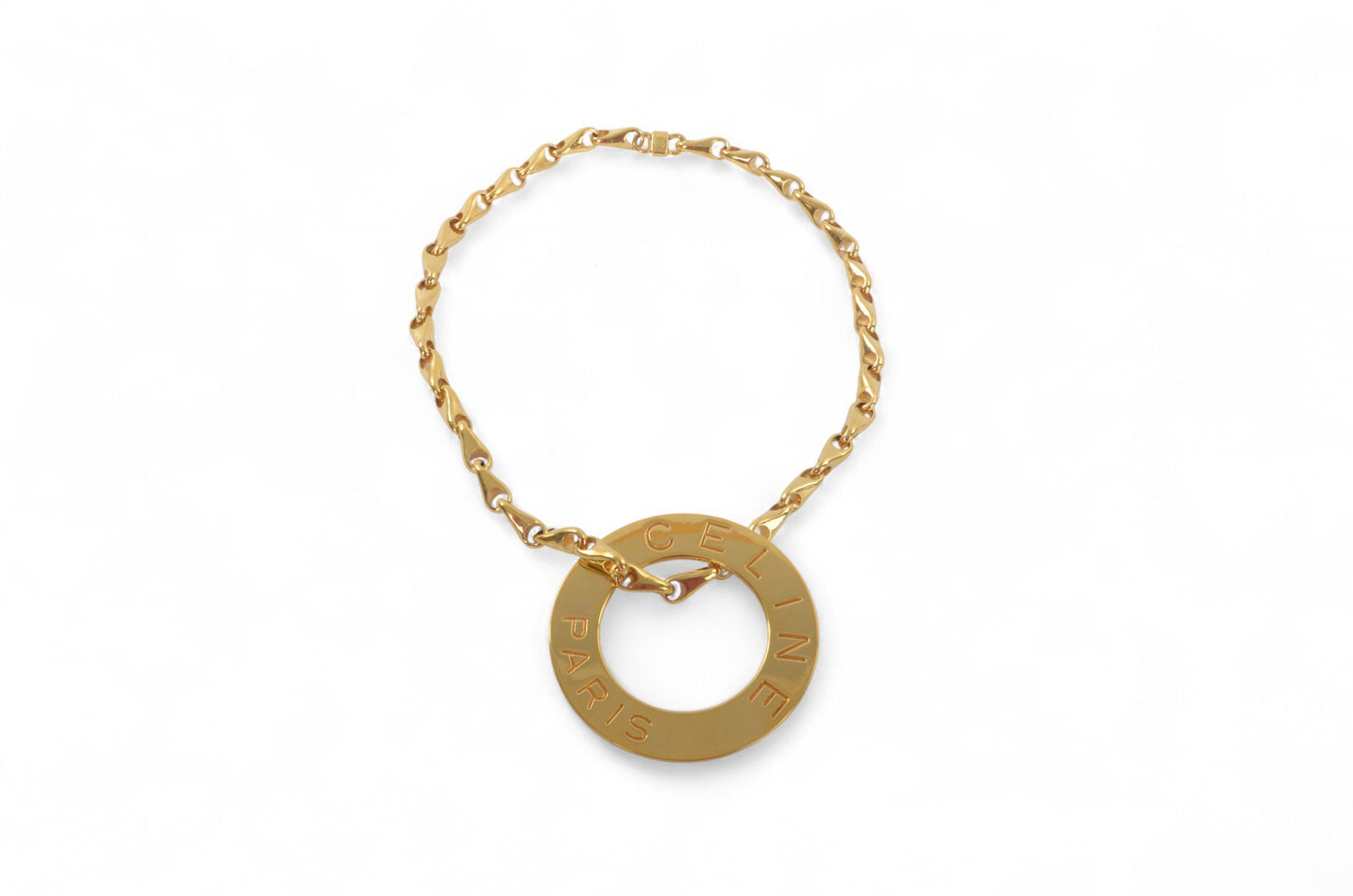 Celine Vintage Circle Logo Big Pendant Necklace Gold Plated Statement Designer Classic Jewelry