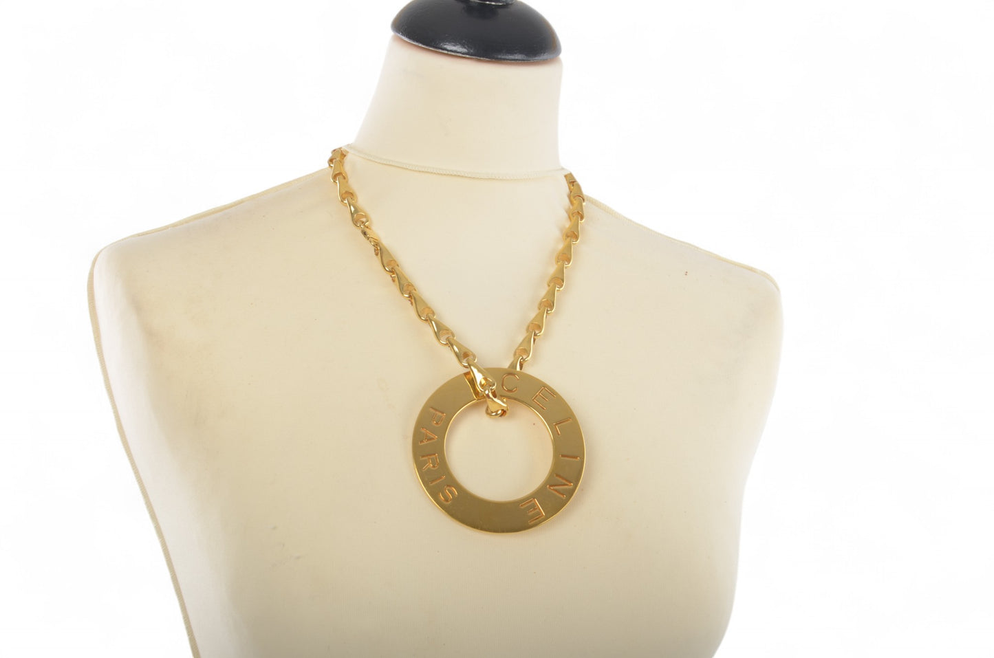 Celine Vintage Circle Logo Big Pendant Necklace Gold Plated Statement Designer Classic Jewelry