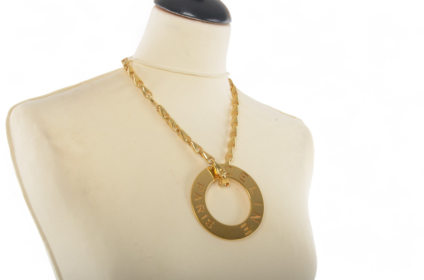Celine Vintage Circle Logo Big Pendant Necklace Gold Plated Statement Designer Classic Jewelry