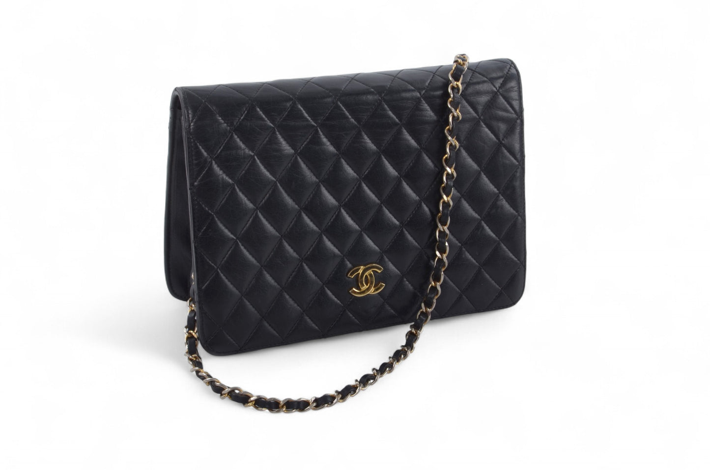 Chanel Classic Single Flap Bag Black Lambskin Matelasse CC Lock Chain Shoulder Bag Vintage Designer