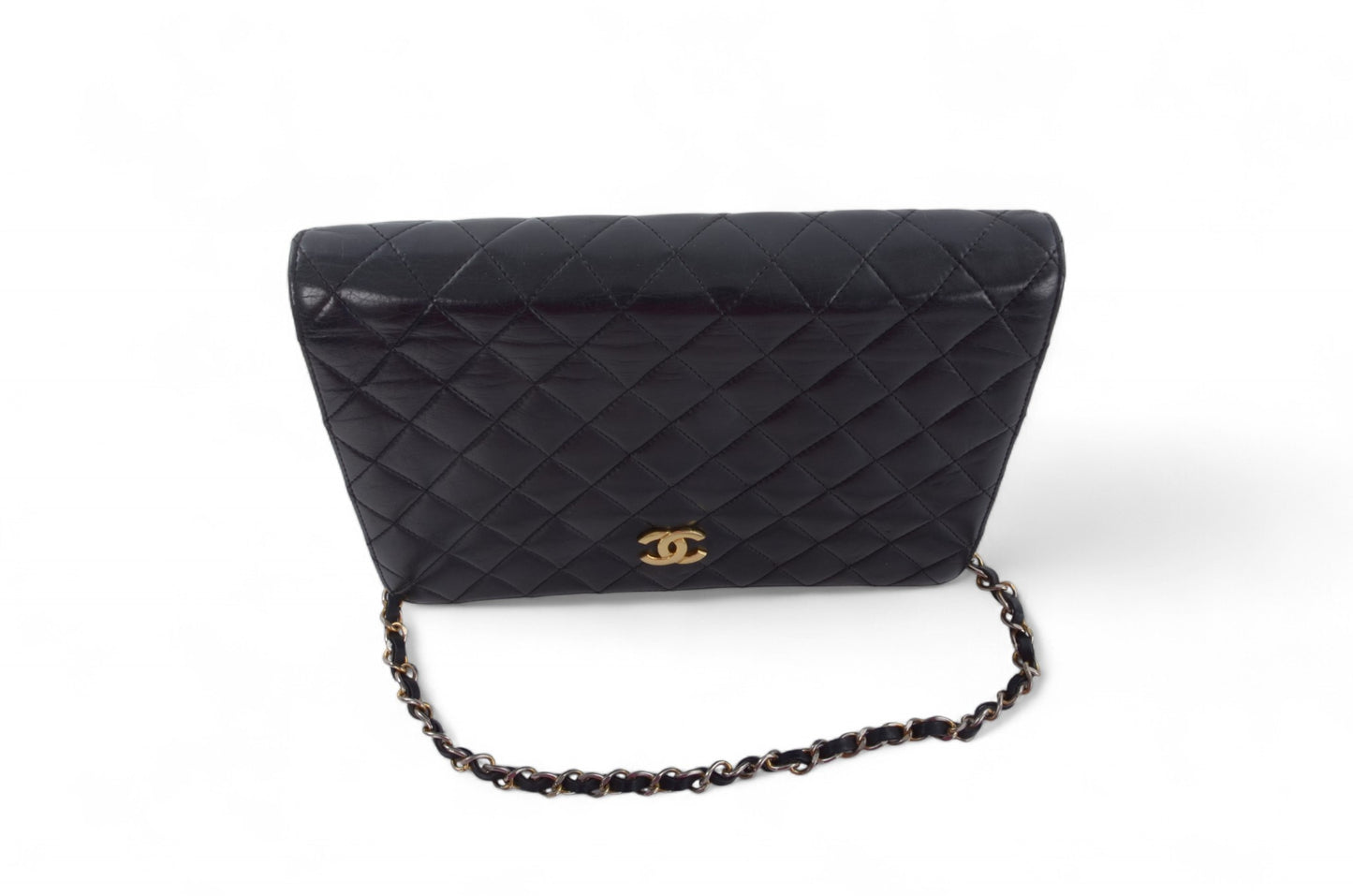 Chanel Classic Single Flap Bag Black Lambskin Matelasse CC Lock Chain Shoulder Bag Vintage Designer