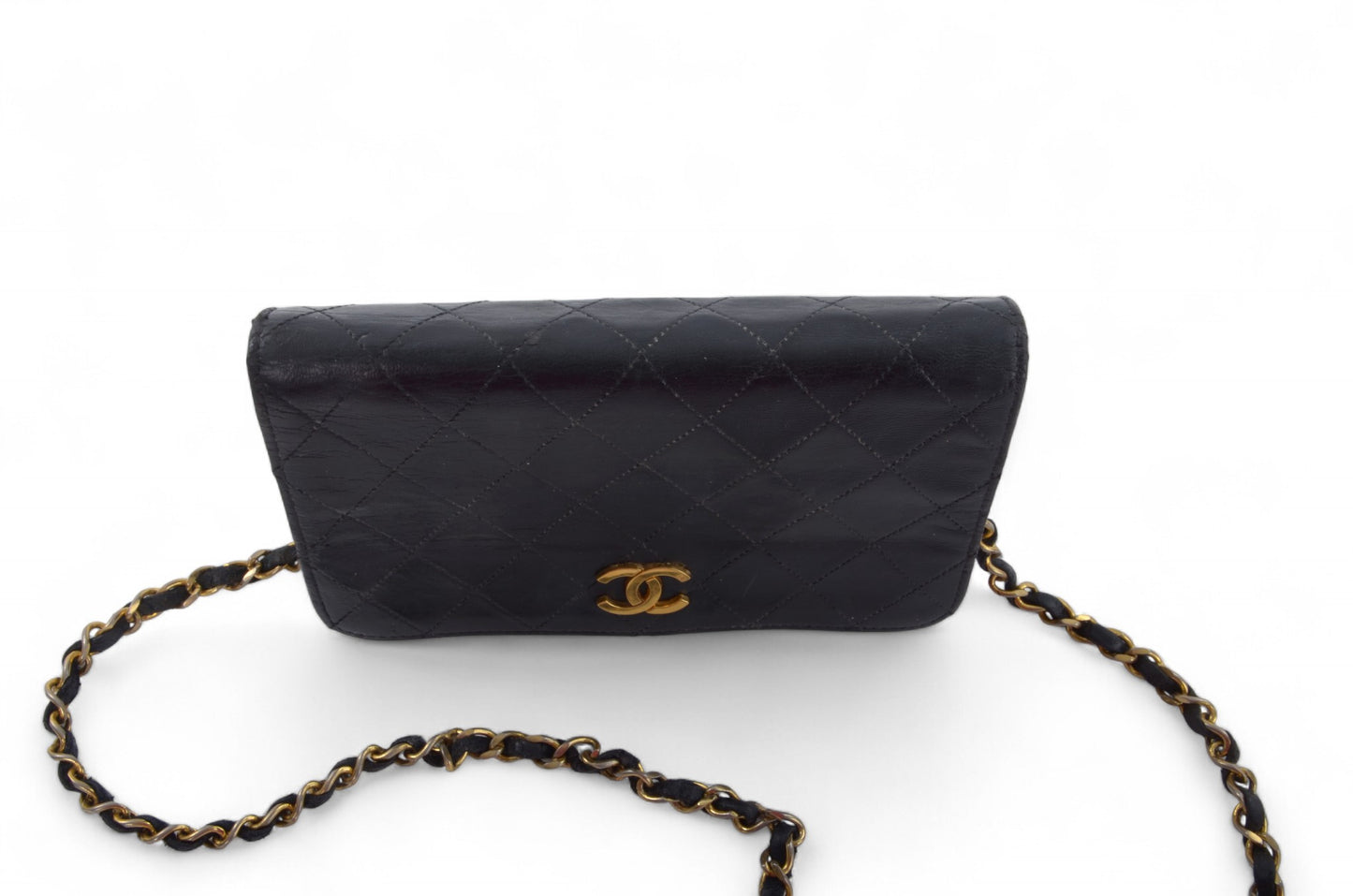 Chanel Classic Chain Shoulder Bag Black Lambskin Matelasse CC Lock Vintage Designer