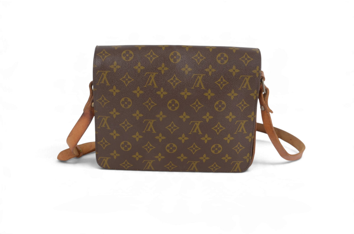 A brown Louis Vuitton monogram canvas shoulder bag with tan leather straps, shown against a plain white background.