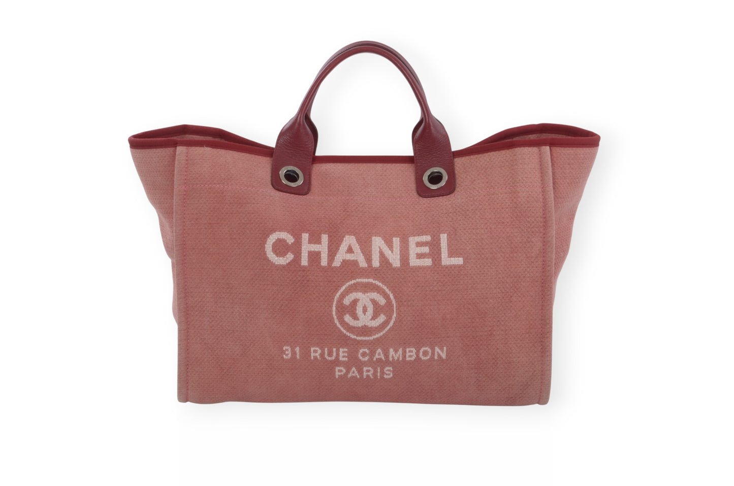 Chanel Deauville Chain Line Tote MM Pink Red Shoulder Bag Handbag CC Leather Designer Classic