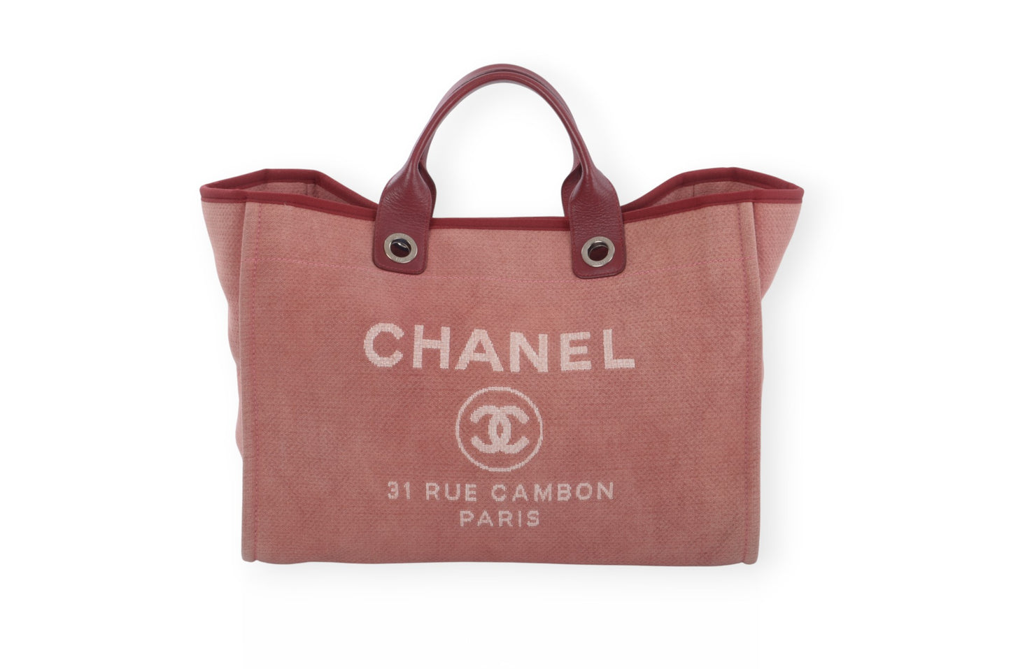 Chanel Deauville Chain Line Tote MM Pink Red Shoulder Bag Handbag CC Leather Designer Classic