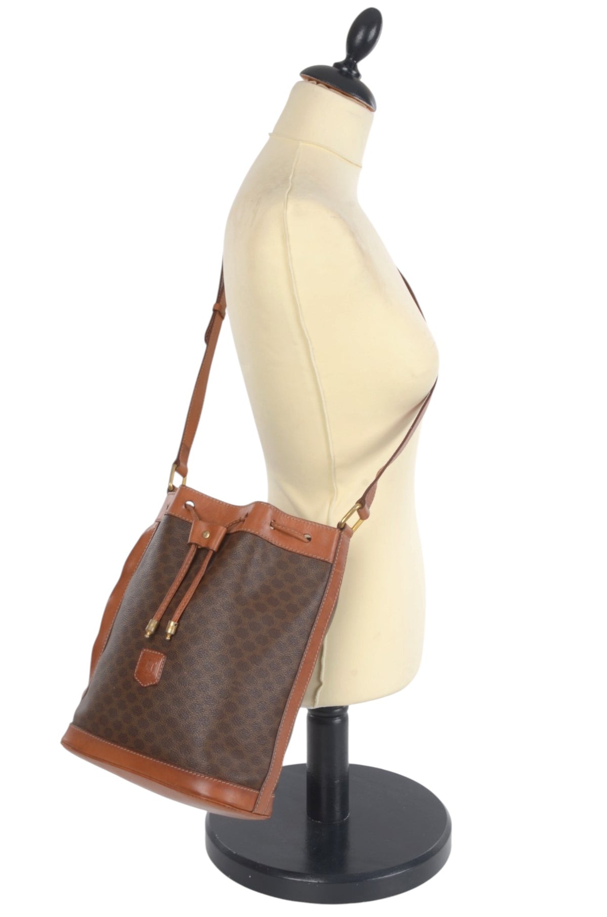 Celine vintage monogram bucket bag with brown leather details and gold-tone hardware