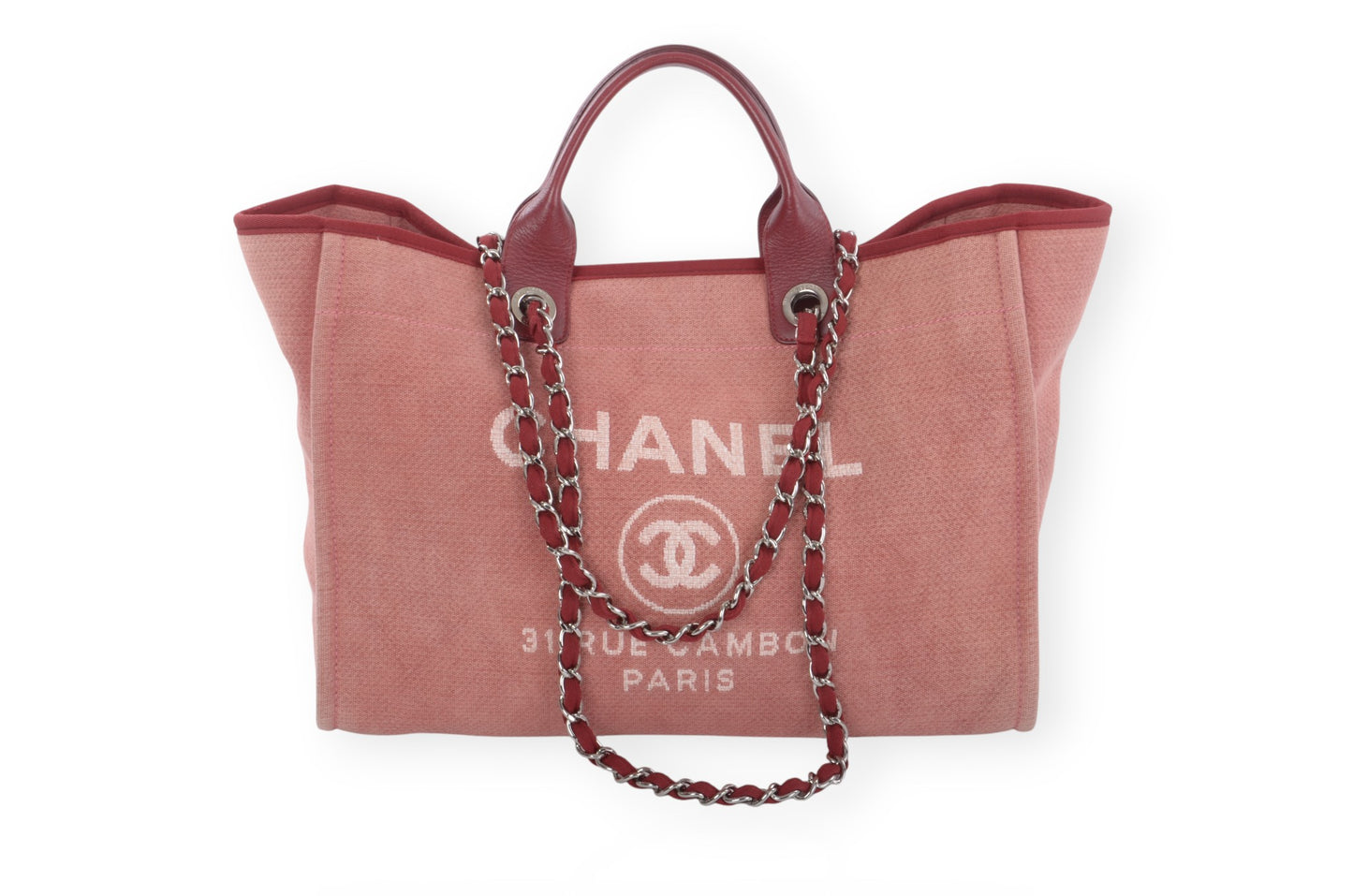 Chanel Deauville Chain Line Tote MM Pink Red Shoulder Bag Handbag CC Leather Designer Classic