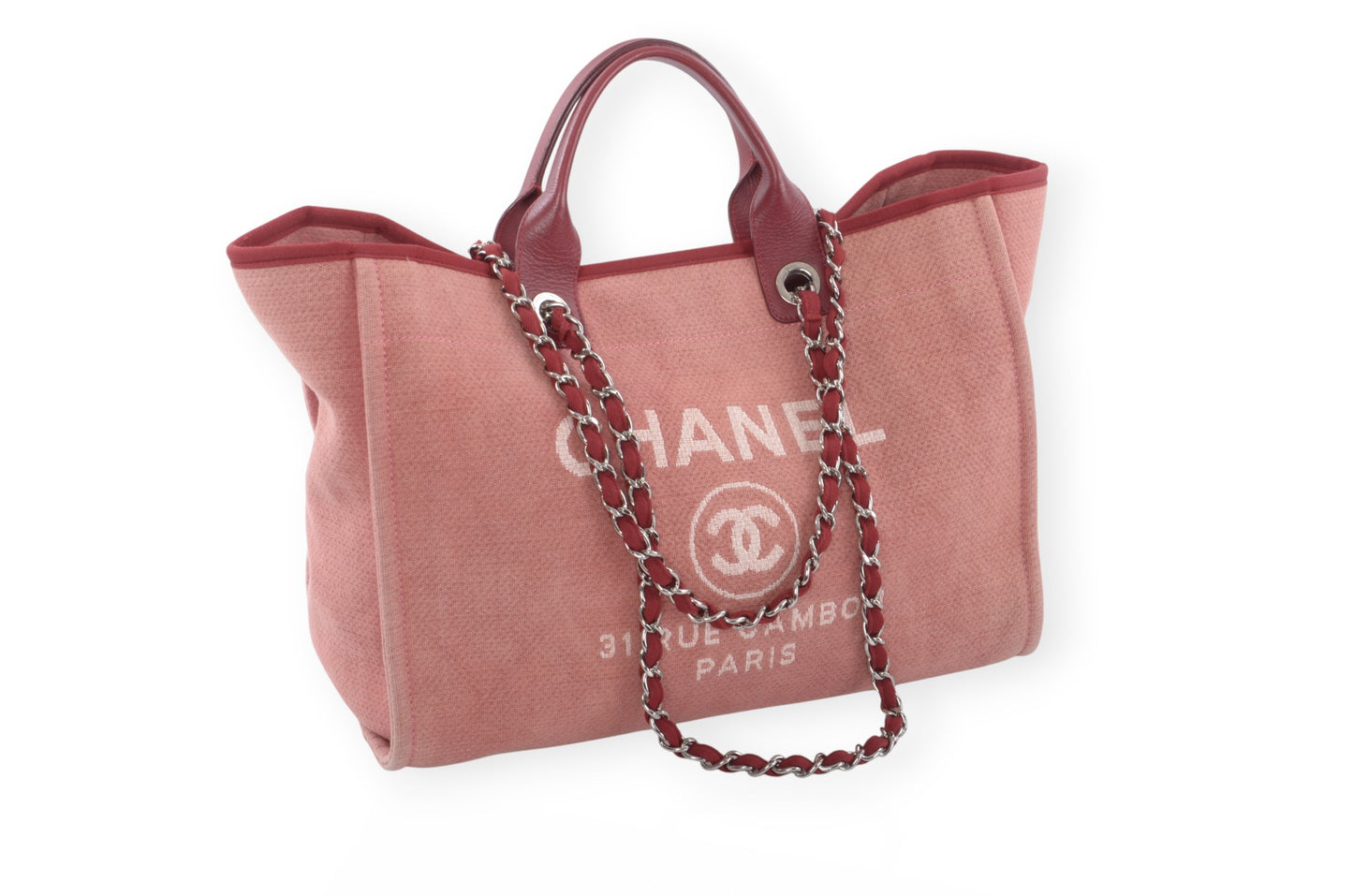 Chanel Deauville Chain Line Tote MM Pink Red Shoulder Bag Handbag CC Leather Designer Classic