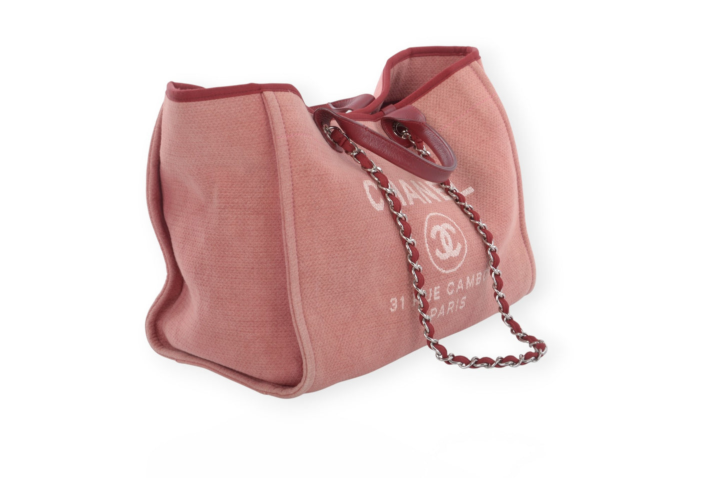 Chanel Deauville Chain Line Tote MM Pink Red Shoulder Bag Handbag CC Leather Designer Classic