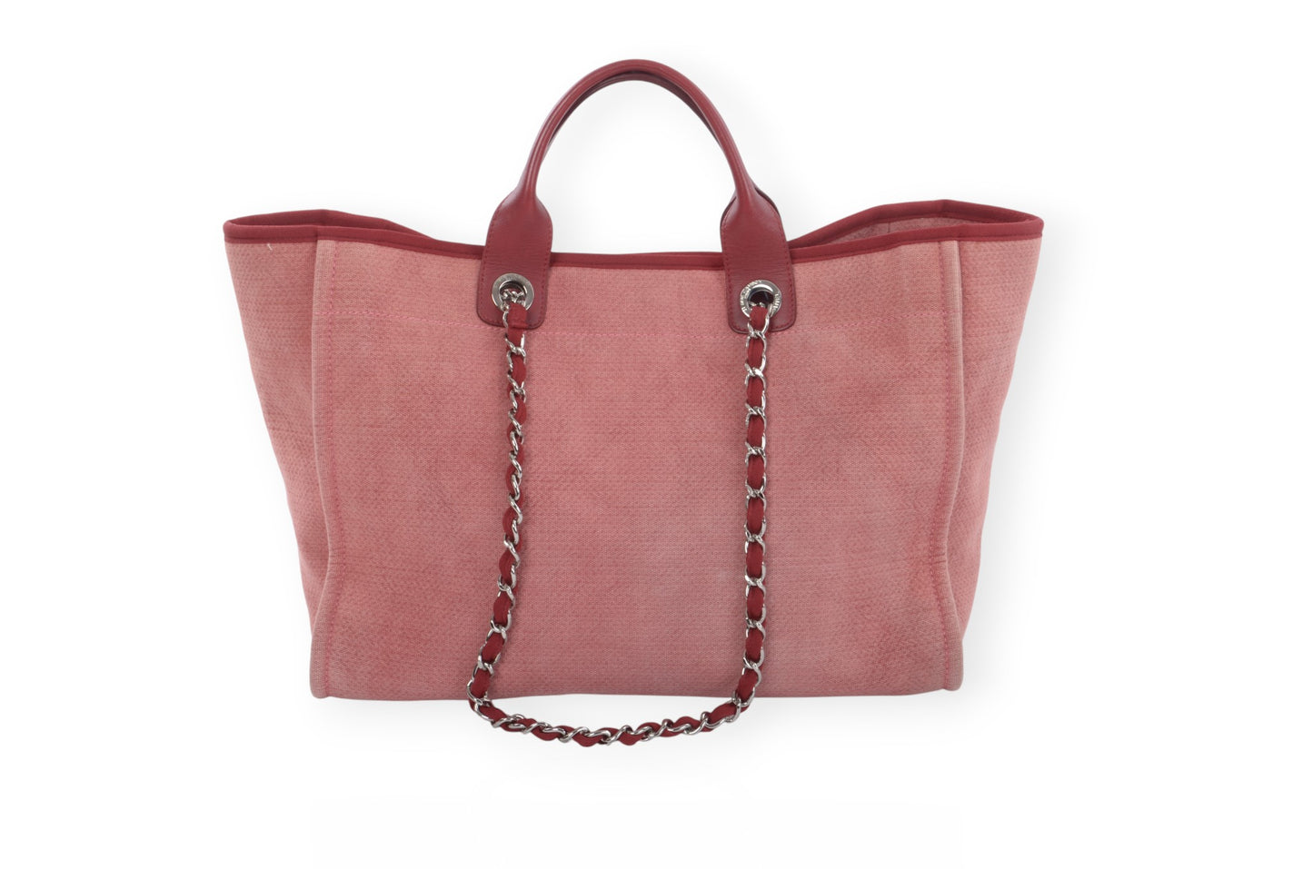 Chanel Deauville Chain Line Tote MM Pink Red Shoulder Bag Handbag CC Leather Designer Classic