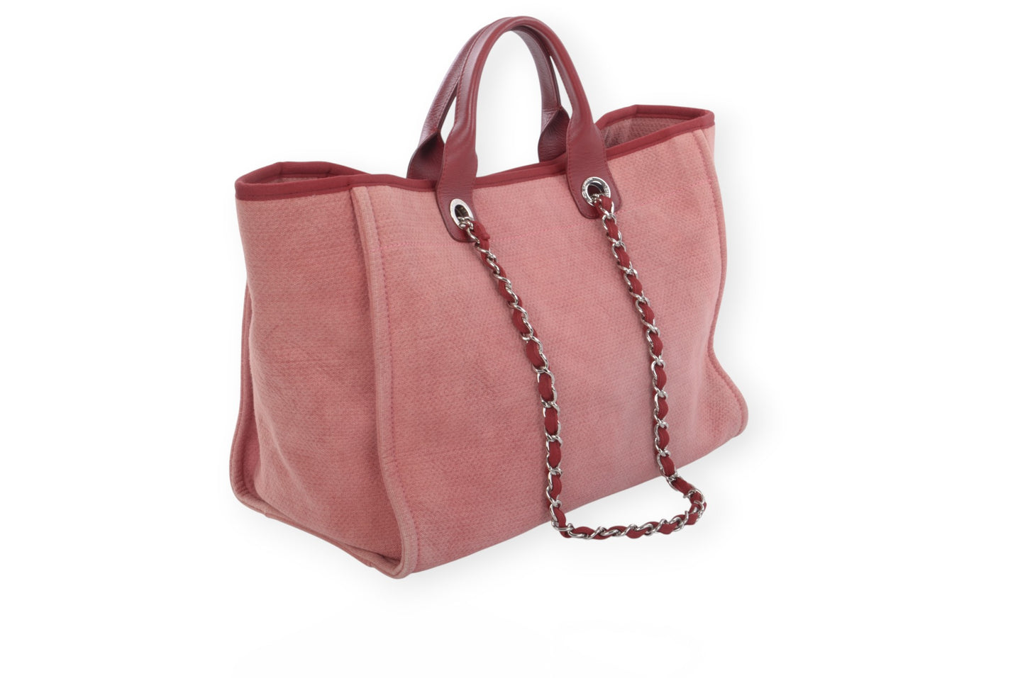 Chanel Deauville Chain Line Tote MM Pink Red Shoulder Bag Handbag CC Leather Designer Classic