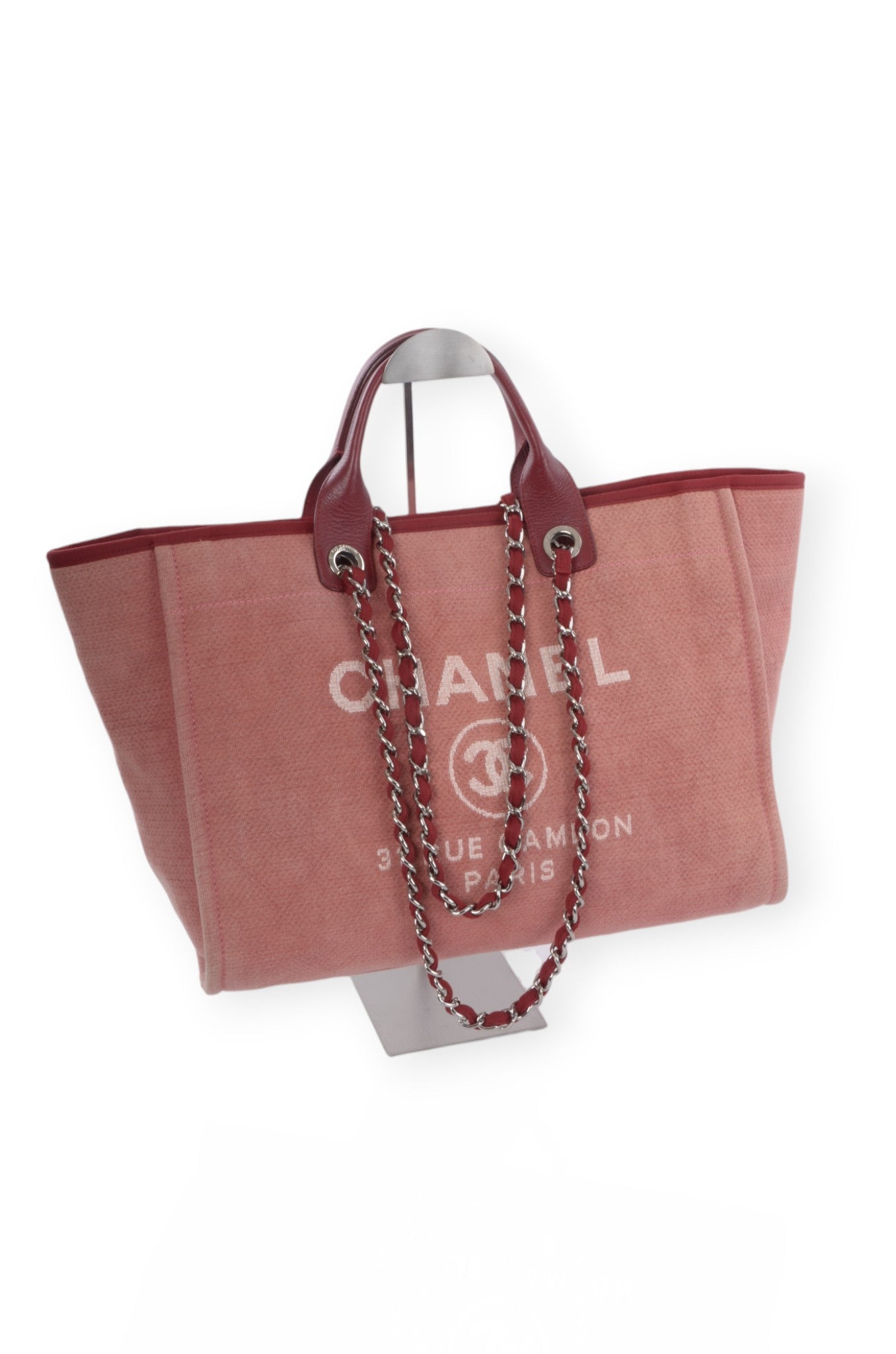 Chanel Deauville Chain Line Tote MM Pink Red Shoulder Bag Handbag CC Leather Designer Classic