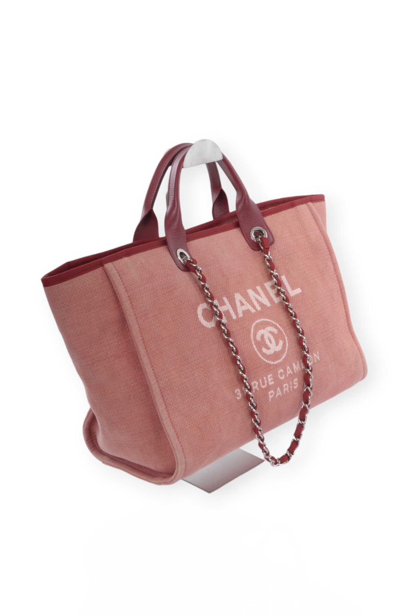Chanel Deauville Chain Line Tote MM Pink Red Shoulder Bag Handbag CC Leather Designer Classic