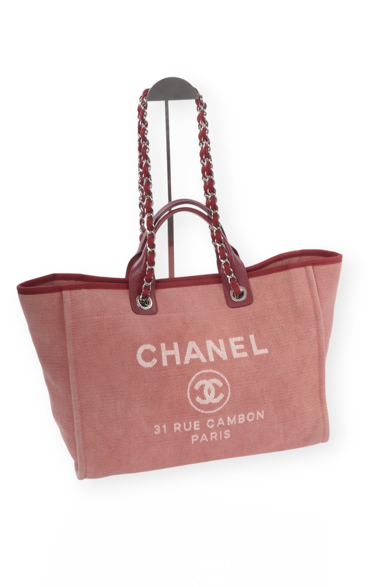 Chanel Deauville Chain Line Tote MM Pink Red Shoulder Bag Handbag CC Leather Designer Classic