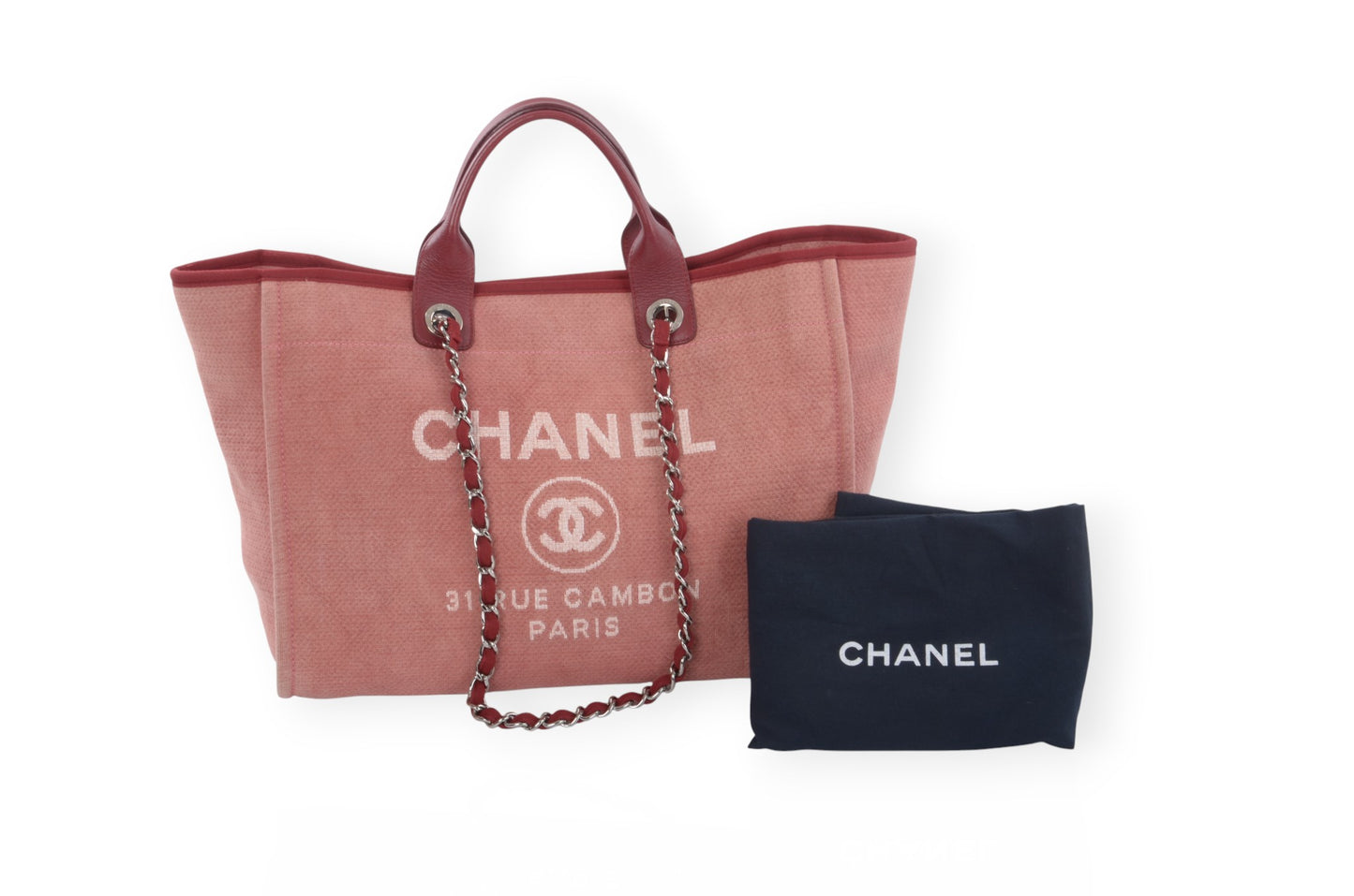 Chanel Deauville Chain Line Tote MM Pink Red Shoulder Bag Handbag CC Leather Designer Classic