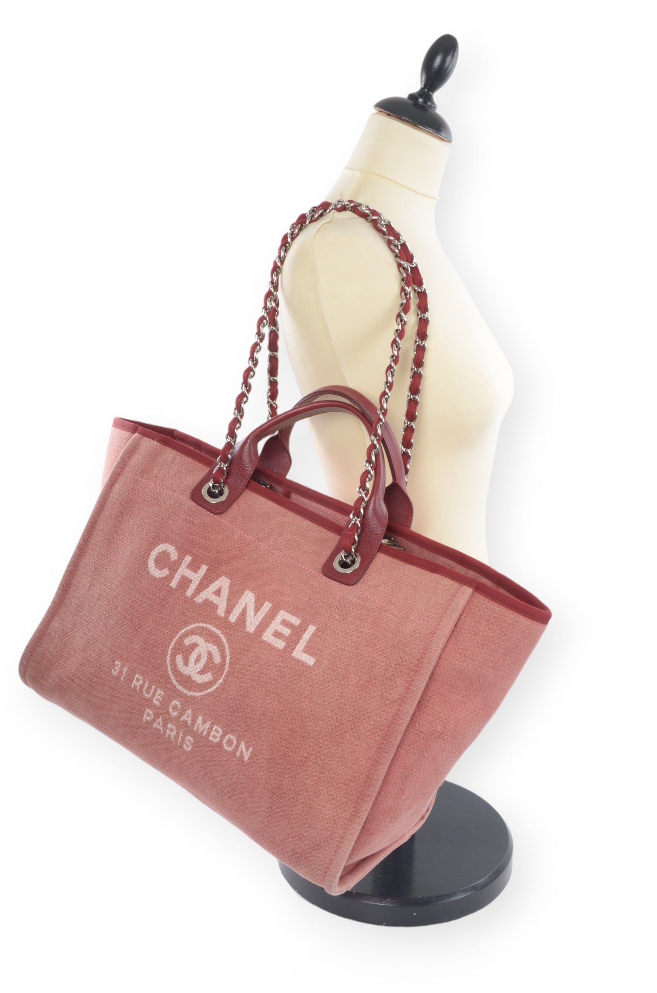 Chanel Deauville Chain Line Tote MM Pink Red Shoulder Bag Handbag CC Leather Designer Classic