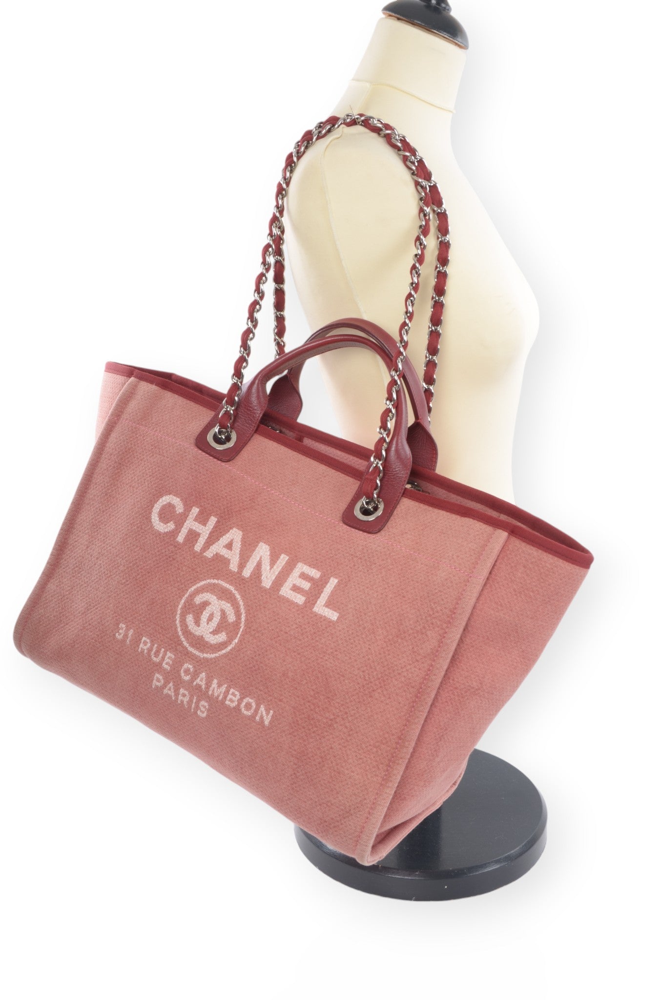 Chanel Deauville Chain Line Tote MM Pink Red Shoulder Bag Handbag CC Leather Designer Classic