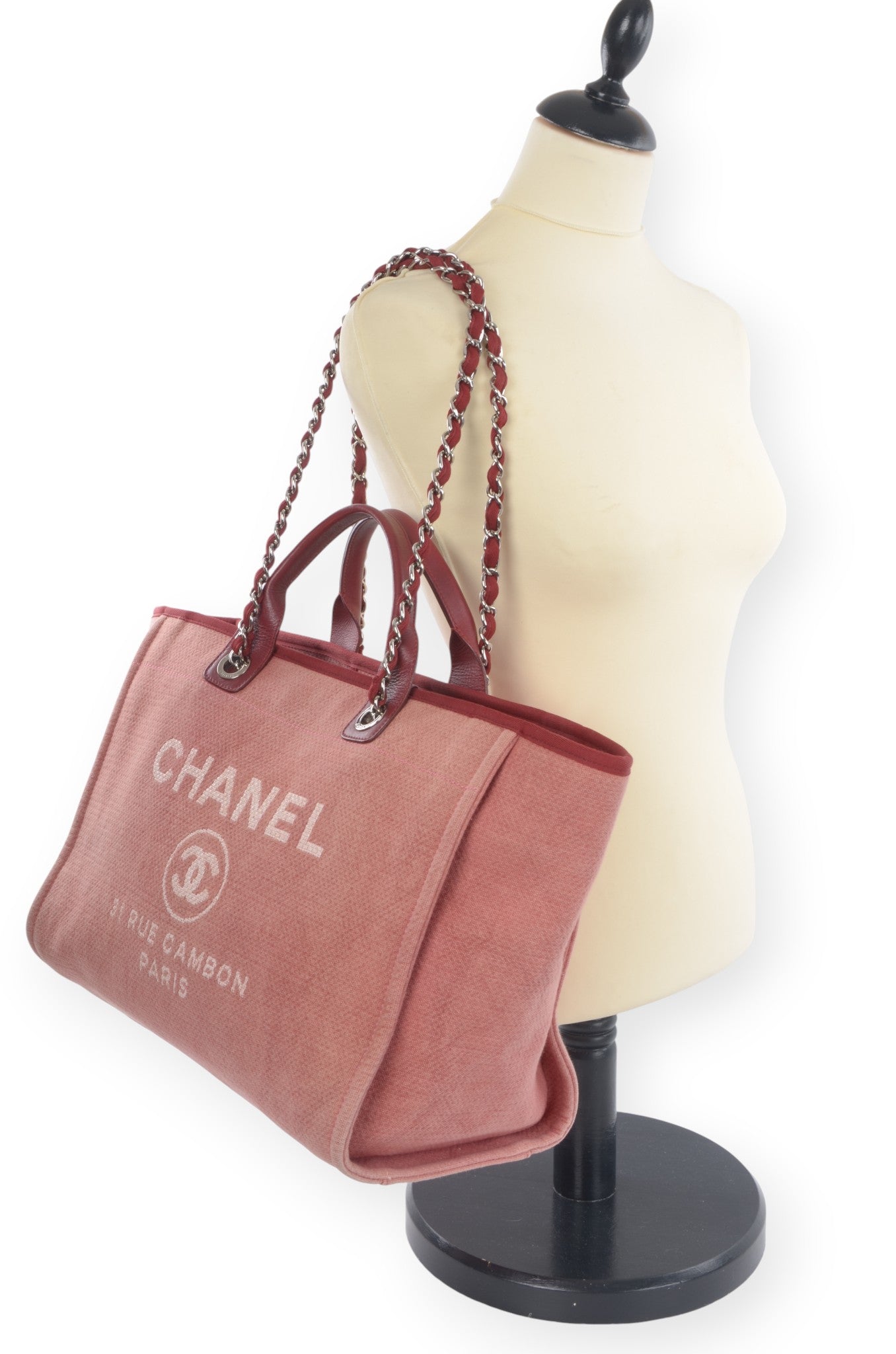 Chanel Deauville Chain Line Tote MM Pink Red Shoulder Bag Handbag CC Leather Designer Classic