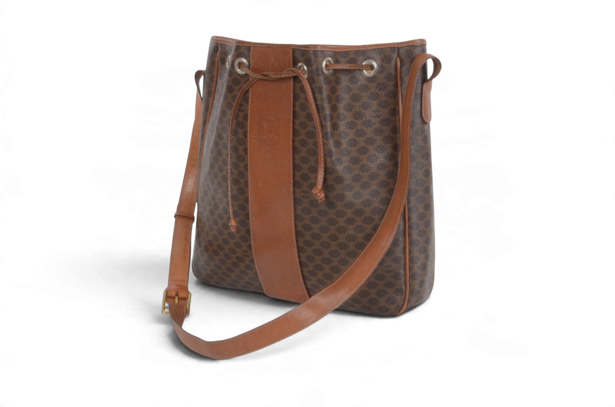 Celine Vintage Triomphe Monogram Drawstring Bucket Shoulder Bag